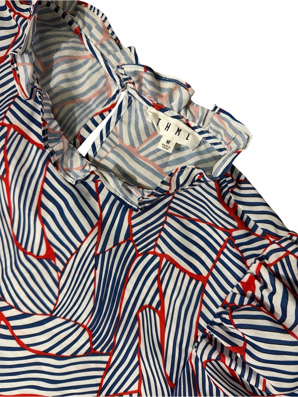 THML Navy, White & Red Striped Ruffle-Neck Top